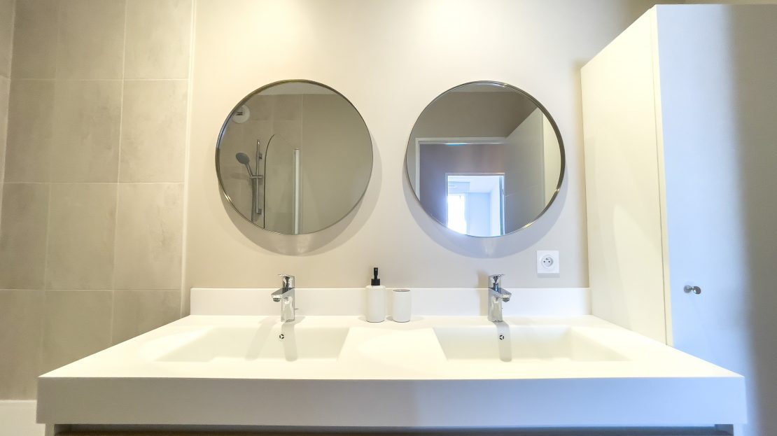 Salle de bain moderne avec double lavabo et miroirs ronds