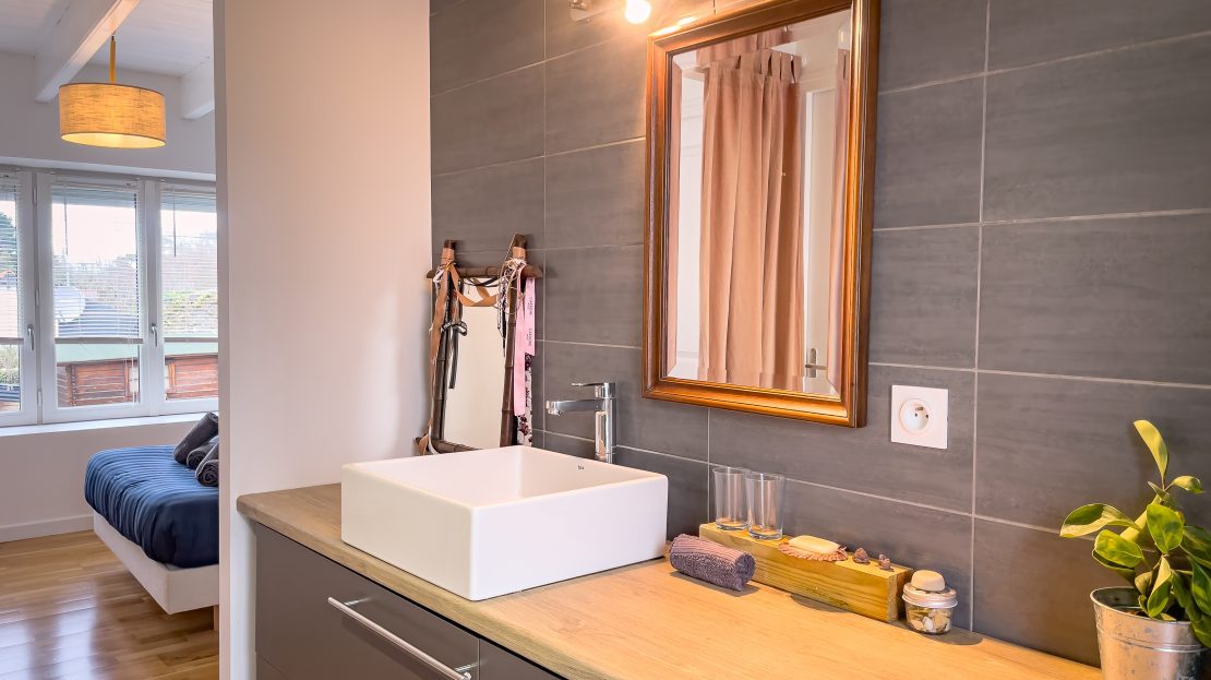 Salle de bain avec lavabo et vue sur la chambre