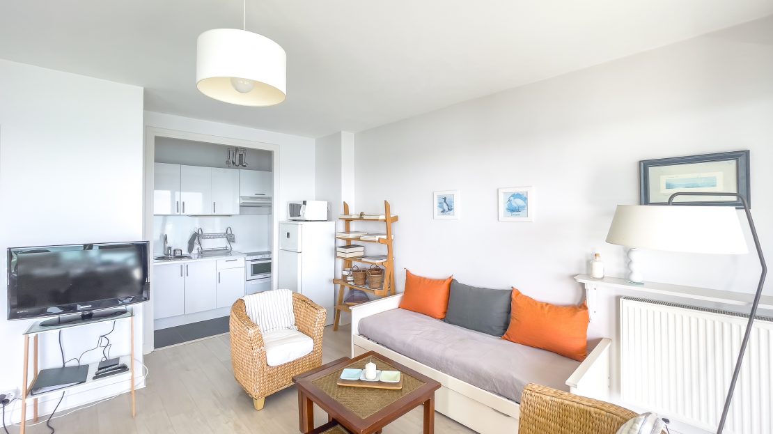 Salon et cuisine ouverte modernes avec mobilier en osier et décoration élégante